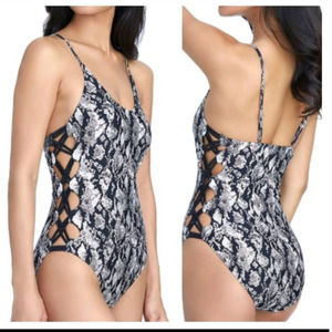NWT Ibiza Black‎ Leopard Print Metallic Side Knotted One Piece Swimsuit Medium